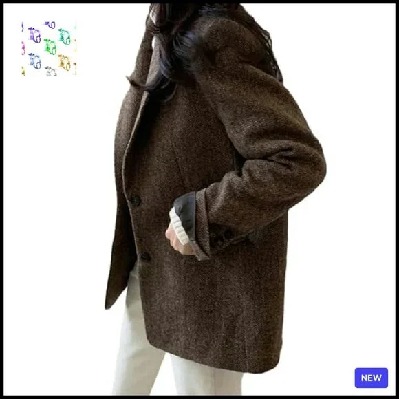 Herringbone Wool Blend Blazer Classic Elegant Work Business Chic Fall Winter - Picture 3 of 8